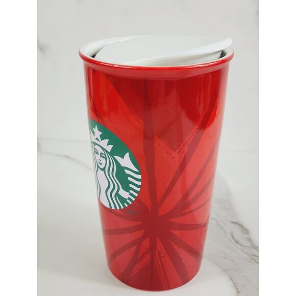 Starbucks Red Tall Travel Coffee Mug Tumbler Holiday 12oz Ceramic 6" Double Wall - Picture 4 of 14